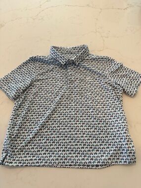 Rhoback Men's Polo with Blue Tractor Print on White